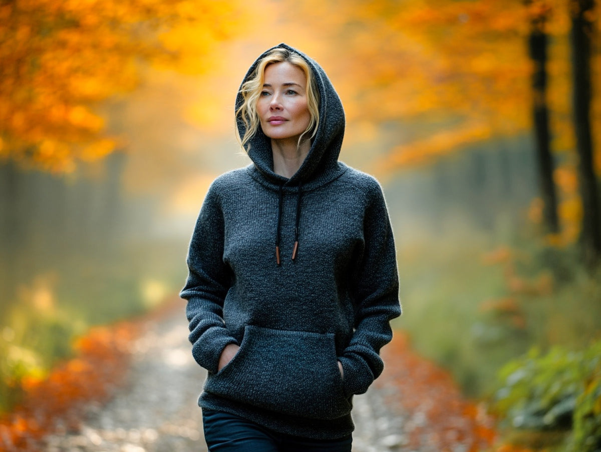 Kvinna i grå stickad hoodie med kängurufficka och dragsko promenerar på en skogsväg i höstfärger.