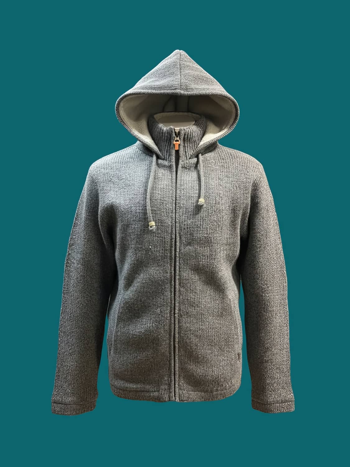 Himalayan Wool teddy hoodie grey – handgjord grå ulltröja med huva och dragkedja, unisexmodell tillverkad i Nepal av mjuk naturull.